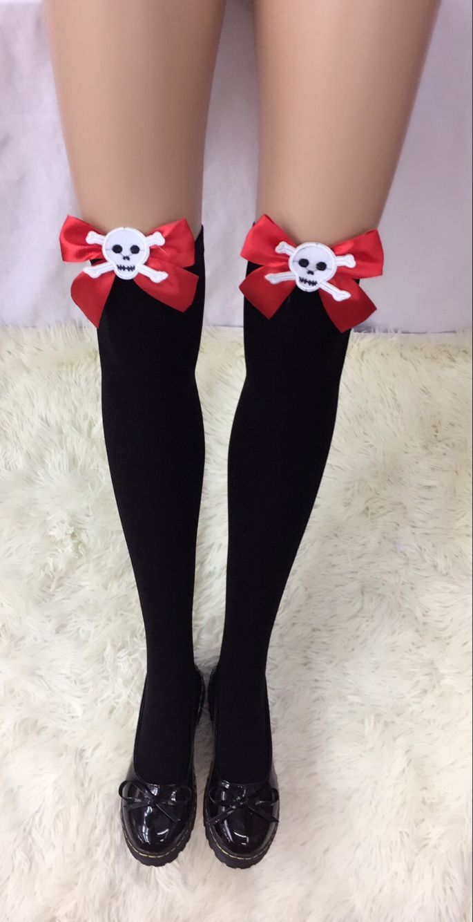 F8195-1 Thigh Stocking with Satin Bows Opaque Over The Knee Halloween Socks